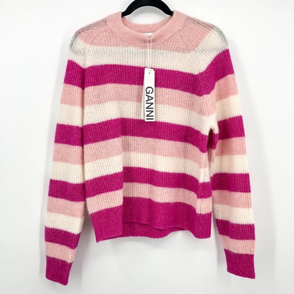 NEW Ganni Pullover Alpaca Wool Crew Neck Striped Large Women's Sweater
